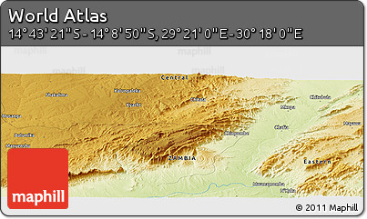 Physical Panoramic Map of the Area around 14° 26' 6" S, 29° 49' 30" E