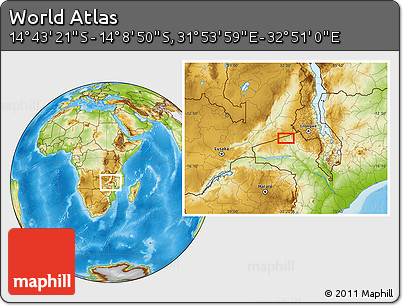 Physical Location Map of the Area around 14° 26' 6" S, 32° 22' 30" E
