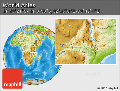 Physical Location Map of the Area around 14° 26' 6" S, 33° 13' 30" E