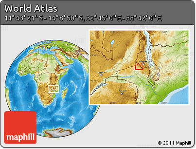 Physical Location Map of the Area around 14° 26' 6" S, 33° 13' 30" E