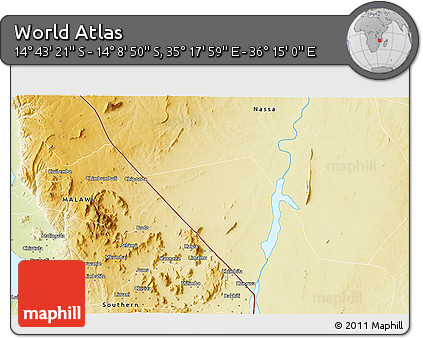 Physical 3D Map of the Area around 14° 26' 6" S, 35° 46' 29" E