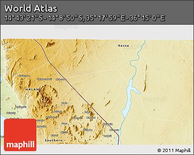 Physical 3D Map of the Area around 14° 26' 6" S, 35° 46' 29" E