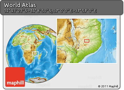 Physical Location Map of the Area around 14° 26' 6" S, 37° 28' 30" E