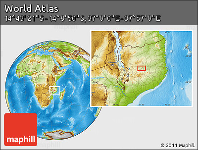 Physical Location Map of the Area around 14° 26' 6" S, 37° 28' 30" E