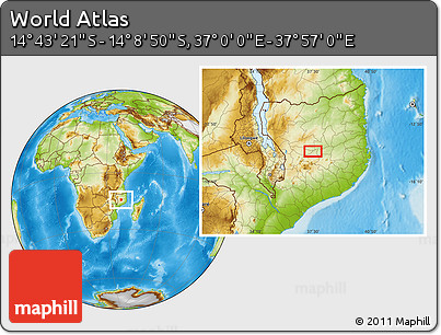 Physical Location Map of the Area around 14° 26' 6" S, 37° 28' 30" E