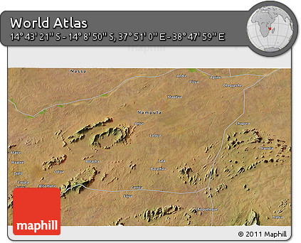 Satellite 3D Map of the Area around 14° 26' 6" S, 38° 19' 30" E