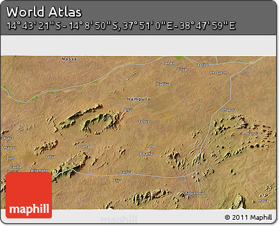 Satellite 3D Map of the Area around 14° 26' 6" S, 38° 19' 30" E