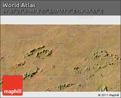Satellite 3D Map of the Area around 14° 26' 6" S, 38° 19' 30" E