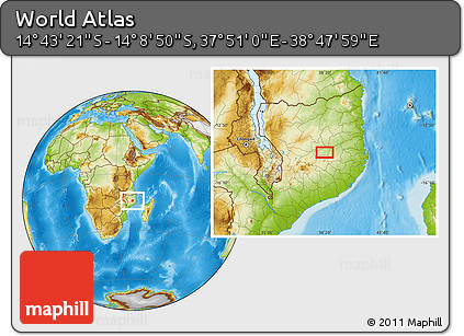 Physical Location Map of the Area around 14° 26' 6" S, 38° 19' 30" E