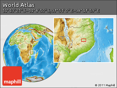Physical Location Map of the Area around 14° 26' 6" S, 38° 19' 30" E