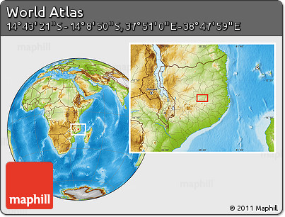 Physical Location Map of the Area around 14° 26' 6" S, 38° 19' 30" E