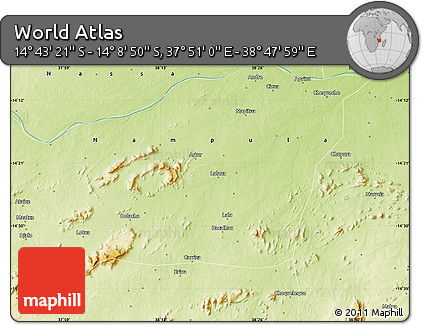 Physical Map of the Area around 14° 26' 6" S, 38° 19' 30" E