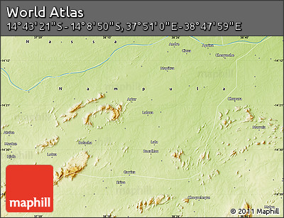 Physical Map of the Area around 14° 26' 6" S, 38° 19' 30" E