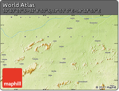 Physical Map of the Area around 14° 26' 6" S, 38° 19' 30" E