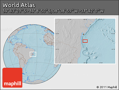Gray Location Map of the Area around 14° 26' 6" S, 38° 10' 29" W, hill shading