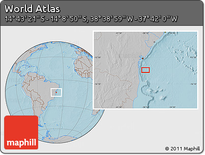 Gray Location Map of the Area around 14° 26' 6" S, 38° 10' 29" W, hill shading