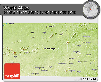 Physical 3D Map of the Area around 14° 26' 6" S, 39° 10' 29" E