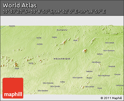 Physical 3D Map of the Area around 14° 26' 6" S, 39° 10' 29" E