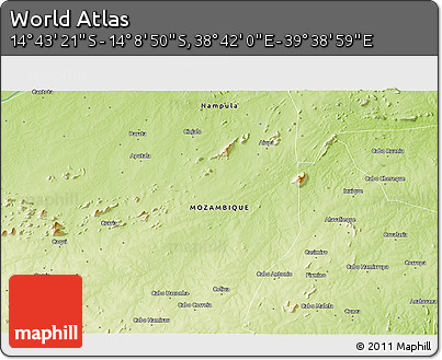 Physical 3D Map of the Area around 14° 26' 6" S, 39° 10' 29" E
