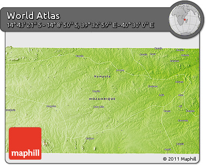 Physical 3D Map of the Area around 14° 26' 6" S, 40° 1' 29" E