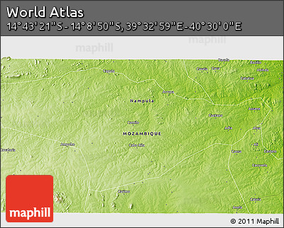 Physical 3D Map of the Area around 14° 26' 6" S, 40° 1' 29" E