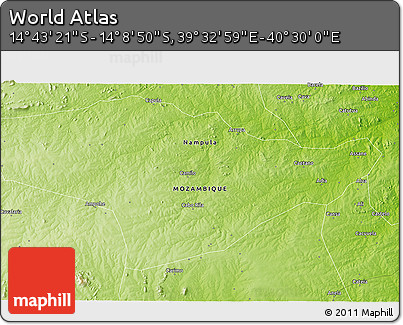 Physical 3D Map of the Area around 14° 26' 6" S, 40° 1' 29" E