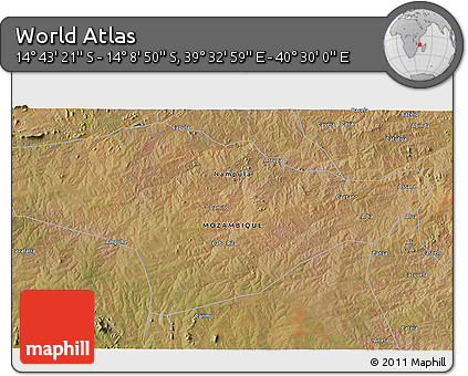 Satellite 3D Map of the Area around 14° 26' 6" S, 40° 1' 29" E