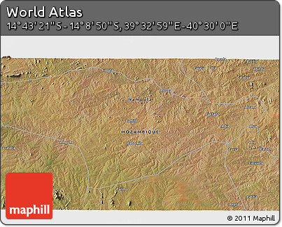 Satellite 3D Map of the Area around 14° 26' 6" S, 40° 1' 29" E