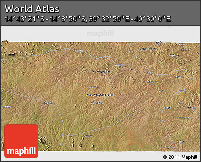 Satellite 3D Map of the Area around 14° 26' 6" S, 40° 1' 29" E