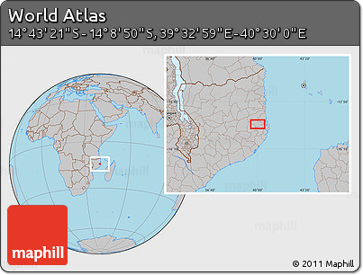 Gray Location Map of the Area around 14° 26' 6" S, 40° 1' 29" E