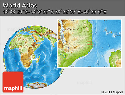 Physical Location Map of the Area around 14° 26' 6" S, 40° 1' 29" E