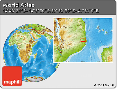 Physical Location Map of the Area around 14° 26' 6" S, 40° 1' 29" E
