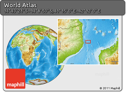 Physical Location Map of the Area around 14° 26' 6" S, 41° 43' 30" E