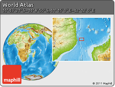 Physical Location Map of the Area around 14° 26' 6" S, 41° 43' 30" E