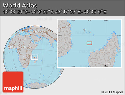 Gray Location Map of the Area around 14° 26' 6" S, 44° 16' 29" E