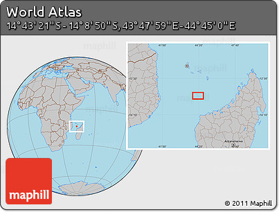 Gray Location Map of the Area around 14° 26' 6" S, 44° 16' 29" E