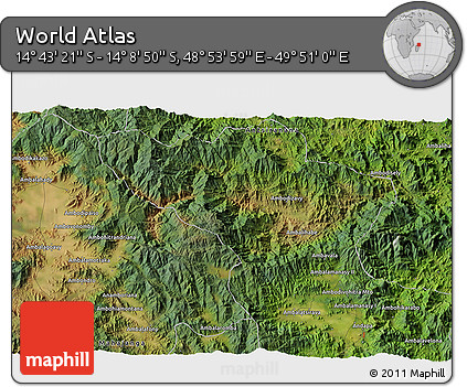 Satellite 3D Map of the Area around 14° 26' 6" S, 49° 22' 30" E