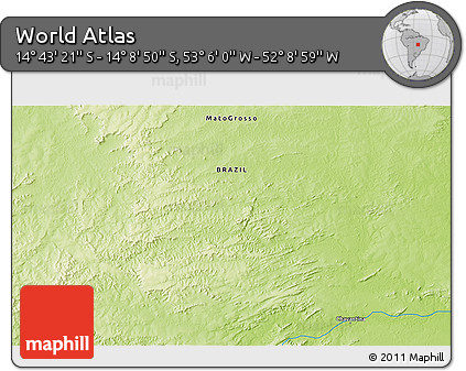 Physical 3D Map of the Area around 14° 26' 6" S, 52° 37' 30" W