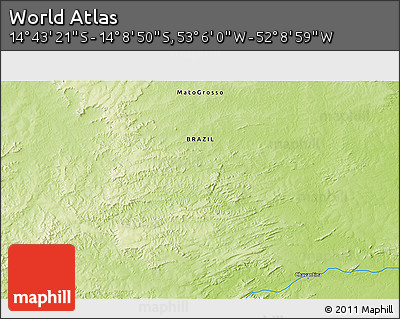 Physical 3D Map of the Area around 14° 26' 6" S, 52° 37' 30" W