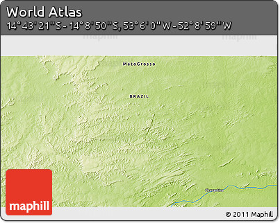 Physical 3D Map of the Area around 14° 26' 6" S, 52° 37' 30" W