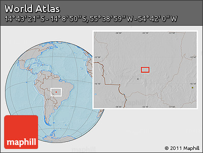 Gray Location Map of the Area around 14° 26' 6" S, 55° 10' 29" W, hill shading