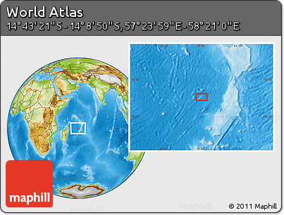Physical Location Map of the Area around 14° 26' 6" S, 57° 52' 30" E
