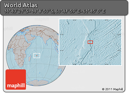 Gray Location Map of the Area around 14° 26' 6" S, 61° 16' 29" E, hill shading