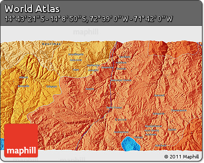 Political 3D Map of the Area around 14° 26' 6" S, 72° 10' 30" W