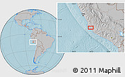 Gray Location Map of the area around 14° 26' 6" S, 75° 34' 29" W, hill shading