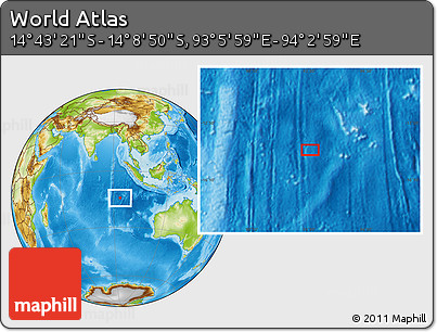 Physical Location Map of the Area around 14° 26' 6" S, 93° 34' 29" E