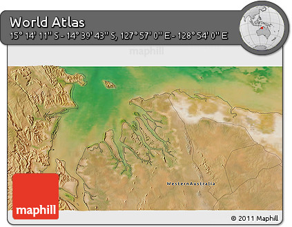 Satellite 3D Map of the Area around 14° 56' 57" S, 128° 25' 30" E