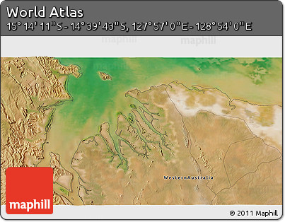 Satellite 3D Map of the Area around 14° 56' 57" S, 128° 25' 30" E
