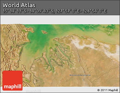 Satellite 3D Map of the Area around 14° 56' 57" S, 128° 25' 30" E