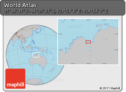 Gray Location Map of the Area around 14° 56' 57" S, 128° 25' 30" E